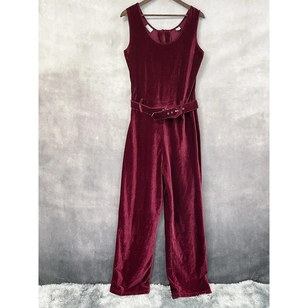 Vintage Newport News Jumpsuit Women Large Red Velvet Ribbed Stretch Minimalist